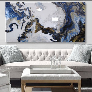 Extra Large Resin Painting, Blue and Gold Ready to Hang Modern Canvas Wall Art 60 x 30 inch