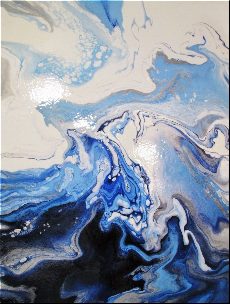 May include: Abstract painting with swirling blue, white, and black paint. The colors blend together to create a dynamic and fluid design.