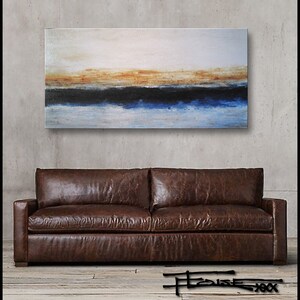 May include: Abstract painting of a seascape with a blue and black wave against a white and orange background. The painting is hanging on a wall above a brown leather sofa.