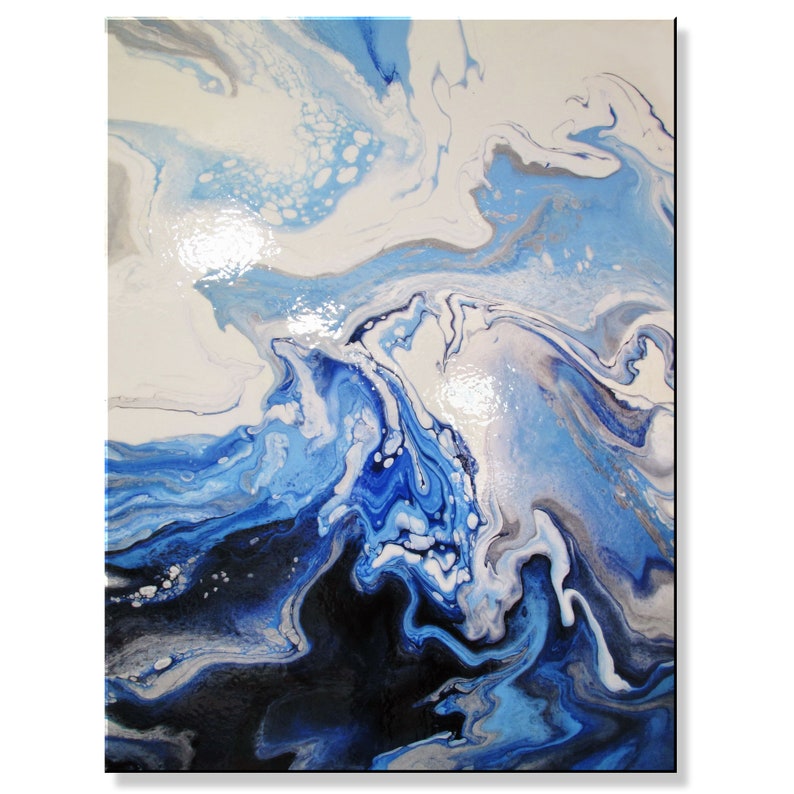 May include: Abstract painting with swirling blue, white, and silver paint. The colors blend together to create a dynamic and fluid design.