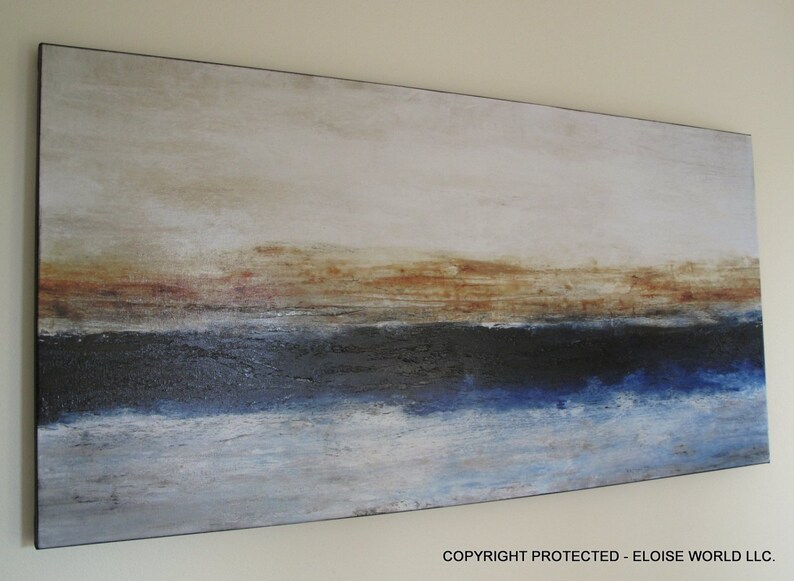 May include: Abstract painting on canvas with a horizontal layered design. The top layer is a light beige with hints of brown. The middle layer is a dark blue with a hint of black. The bottom layer is a light blue with a hint of white.