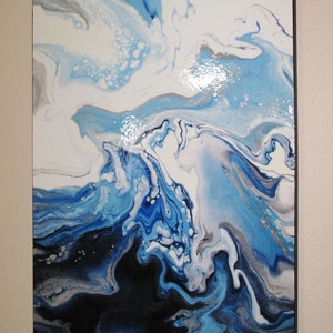 May include: Abstract painting with swirling blue, white, and gray colors. The colors blend together to create a dynamic and fluid design.