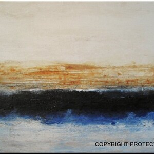 May include: Abstract painting with horizontal bands of brown, black, and blue. The top band is a light brown, the middle band is black, and the bottom band is a light blue. The painting has a textured surface.