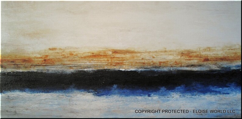 May include: Abstract painting with horizontal bands of brown, black, and blue. The top band is a light brown, the middle band is black, and the bottom band is a light blue. The painting has a textured surface.