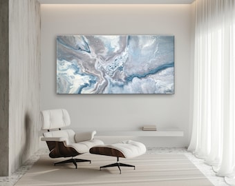 Teal and Silver Resin Painting: Modern Canvas Wall Art (60x30 Inch)