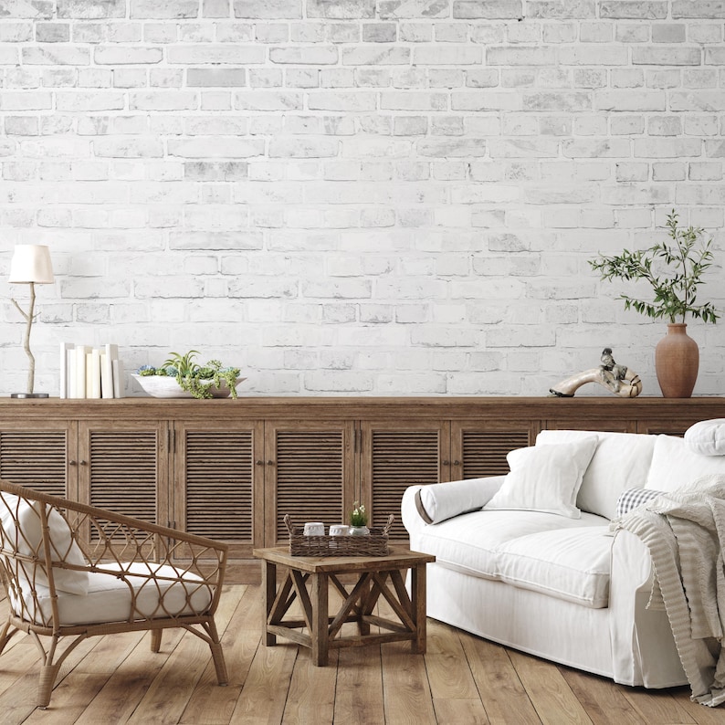 White Brick Wall Mural Farmhouse Wallpaper in Peel & Stick or Textured ...