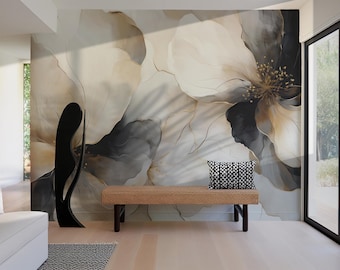 Schwarz-Gold Blumen Wandbild Tapete in Peel & Stick oder Strukturvlies