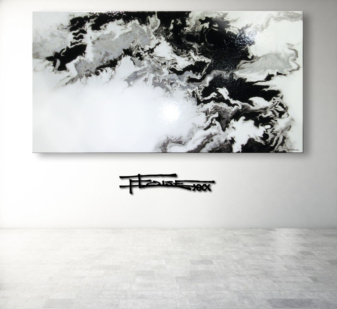 High Gloss Resin Painting, Black White Silver Canvas Wall Art, 60 X 30