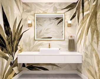 Mural de pared con palmeras tropicales y motivos florales, autoadhesivo o no tejido texturizado.