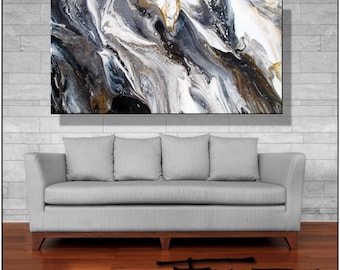 Black and Gold Abstract Resin Painting on Canvas - Modern High Gloss Art