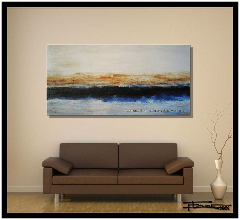 May include: Abstract painting with a horizontal composition. The painting features a blue, black, and brown color scheme. The painting is displayed on a wall above a brown leather sofa.