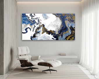 Extra Large Blue and Gold Resin Painting: Modern Abstract Canvas Wall Art