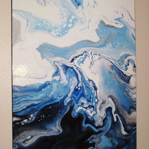 May include: Abstract painting with swirling blue, white, and gray colors. The colors blend together to create a dynamic and fluid design.