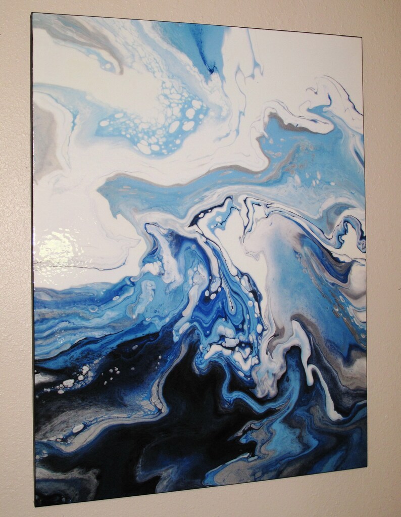 May include: Abstract painting with swirling blue, white, and gray colors. The colors blend together to create a dynamic and fluid design.