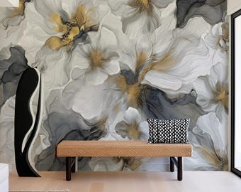 Papel pintado abstracto floral gris y dorado - Mural autoadhesivo o no tejido