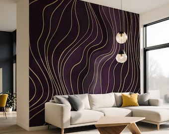 Amethyst Wavy Lines Wallpaper Mural, Gold Abstract, Peel & Stick Non-Woven