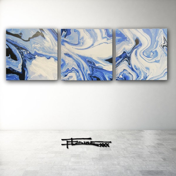 3 piece painting, Canvas wall art, Triptych, Extra Large Artwork, Navy blues and Whites, Matte finish.