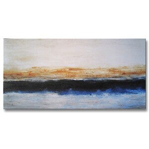 May include: Abstract painting with horizontal stripes of white, orange, dark blue, and light blue. The painting has a minimalist style.