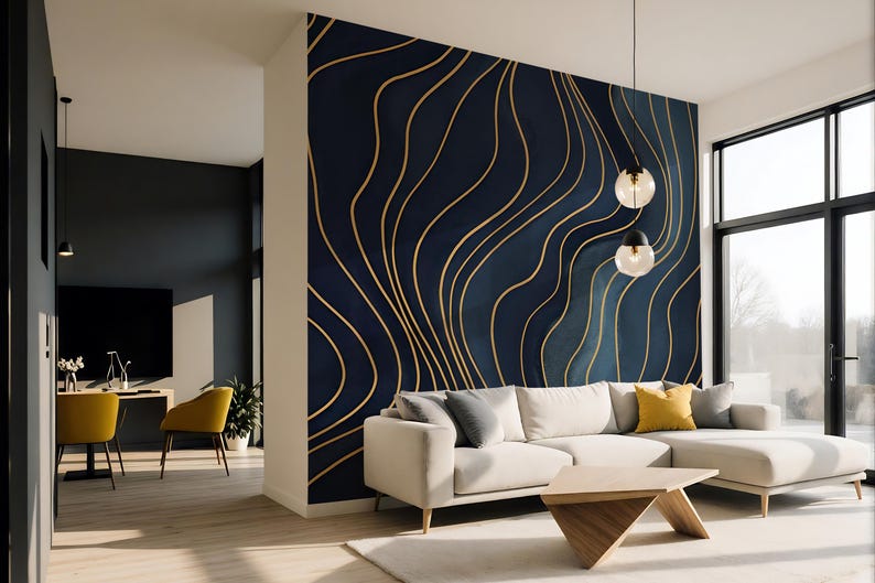 Wavy Lines Wall Mural, Blue Abstract Wallpaper in Peel and Stick or Non ...