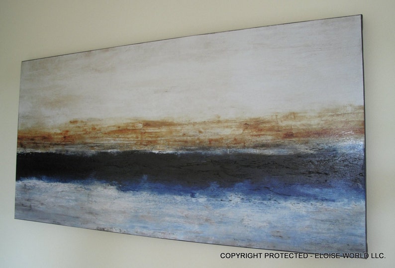 May include: Abstract painting with a horizontal composition. The painting features a light brown, beige, and white background with a dark blue and black horizontal stripe in the middle. The bottom of the painting is a light blue and white color.