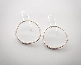 Large Shiny Organic Circle Eco Sterling Silver Textured Earrings