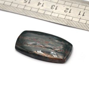 Peut inclure: Une pierre précieuse rectangulaire de couleur vert foncé et marron, avec une règle pour référence de taille. La règle indique des mesures en centimètres.