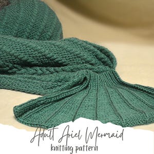 May include: A teal blue knitted mermaid tail blanket with the text "Adult Ariel Mermaid knitting pattern".