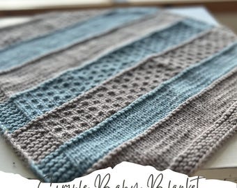 Könnte beinhalten: Eine gestrickte Babydecke mit abwechselnden grauen und blauen Streifen. Die Decke hat ein strukturiertes Muster in einigen der grauen Streifen. Der Text "Simple Baby Blanket Knitting Pattern" ist sichtbar.