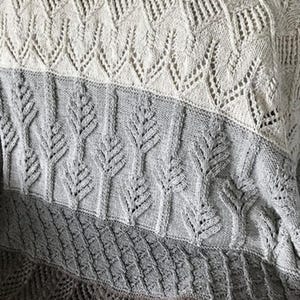 Puede incluir: Primer plano de una manta de punto con un esquema de color blanco, gris y gris claro. La manta presenta un patrón de hojas repetido.