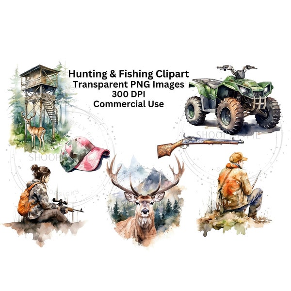 Hunting and Fishing Watercolor Clipart - Sports PNG - Scrapbooking