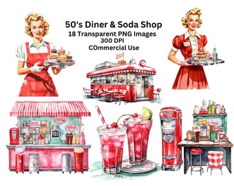 May include: A set of 18 digital illustrations of a 50's diner and soda shop. The illustrations include a red diner with a white awning, a red and white soda fountain, a red and white counter, a red and white waitress, and two red and white glasses of soda. The illustrations are in a vintage style and are perfect for use in scrapbooking, card making, and other craft projects.