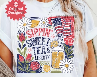 Sippin' Sweet Tea and Liberty Png, Boho Foral PNG, Wzory Sublimacji z okazji 4 lipca, Patriotyczne PNG, Instant DIGITAL, Dzień Niepodległości PNG