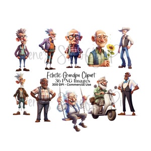 May include: A set of 10 cartoon illustrations of grandpas in various poses and outfits. The grandpas are wearing hats, glasses, and holding items like flowers, a scooter, and a swing. The illustrations are in a cartoon style and have a whimsical feel.