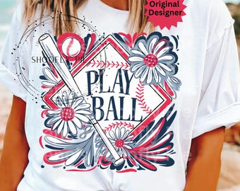 Play Ball Png, Retro Baseball Batter PNG, Baseball Sublimation Design, Baseball Mom Png, Instant DIGITAL, Baseball Png, Floral