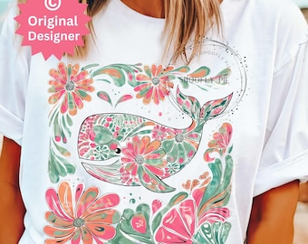 Balena floreale estiva PNG, spiaggia preppy PNG, download digitale immediato, balena PNG, balena floreale boho