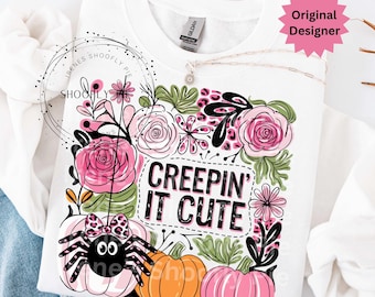 Creepin' It Cute Png, Boho Halloween Shirt PNG, Preppy Spooky Season, Cute Halloween Sublimation PNG, Retro Halloween, Spider Png