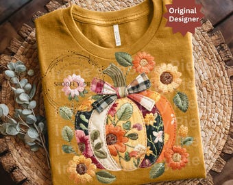 Preppy Pumpkin Season Png, Floral Pumpkin Patchwork Png, Fall Pumpkin Png, Faux Embroidery Pumpkin Pn, Autumn Sublimation Design