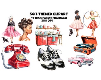 May include: A set of 50's themed clipart images, including a red rotary phone, a vintage kitchen, a pink convertible car, a woman in a pink dress, a woman in a red and white polka dot dress, a woman with short black hair, a pair of black and white saddle shoes, and a record player.