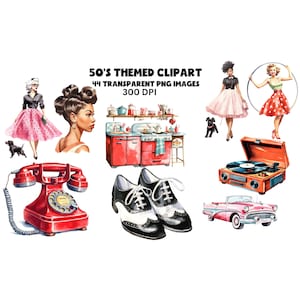 Clipart sur le thème des années 50 - PNG rétro - scrapbooking - Junk Journal