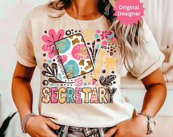 Boho blommig sekreterare PNG, sublimeringsdesign, tillbaka till skolan PNG, första skoldagen PNG, skolsekreterare PNG. Retro t-shirtdesign