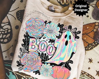 Schillerndes Boo Halloween Shirt PNG, Preppy Gruseliges Saison Design, Süßer Geist Sublimation PNG, Boho Halloween Digital Download für T-Shirts
