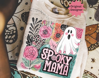 Spooky Mama Design Png, Preppy Halloween Shirt PNG, Süßer Geist Sublimation PNG, Boho Blumen Halloween Digital Download für T-Shirts