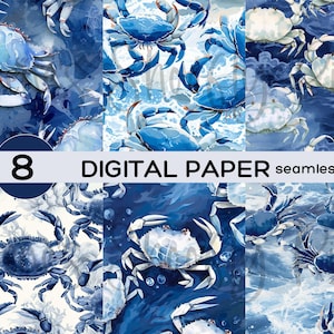 May include: Eight digital paper seamless patterns featuring blue watercolor crabs on a blue and white background.  The patterns are perfect for scrapbooking, card making, and other craft projects.