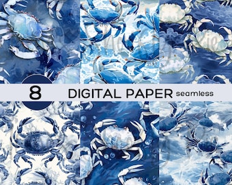 Blue Crab Digital Paper - Blue Crab Seamless Patterns - Sublimation - Multi-Medium - 12x12 - Commercial Use - Instant Download