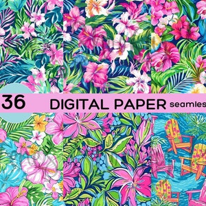 Puede incluir: Una colección de 36 patrones de papel digital sin costuras con diseños florales tropicales. Los patrones muestran vibrantes flores de hibisco rosa, exuberante follaje verde y fondos azules y turquesas. Se muestra el texto "36 DIGITAL PAPER seamless".