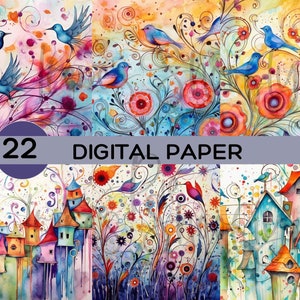 Whimsical Birds Digital Paper - Whimsical Bird Houses Printable Paper - Sublimation - Multi-Medium - 12x12 - Commercial Use