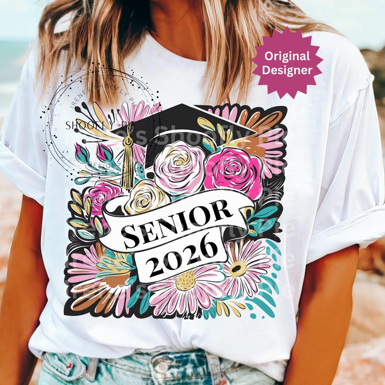 以下が含まれることがあります： 卒業デザインのフローラルデザインが施された白いTシャツ。デザインには卒業帽子、バラ、デイジーが含まれています。「SENIOR 2026」と書かれたバナー。デザインにはピンク、白、ターコイズの色が含まれています。「Original Designer」の文字も表示されています。