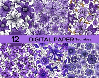 Papier sans couture fleurs violet Doodle - motifs floraux sans couture - sublimation de griffonnages floraux - multi-support - 12 x 12 - usage commercial