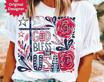 God Bless The USA Png, Retro 4th Of July PNG, Patriotic Sublimation Design, American Png, Instant DIGITAL, Floral