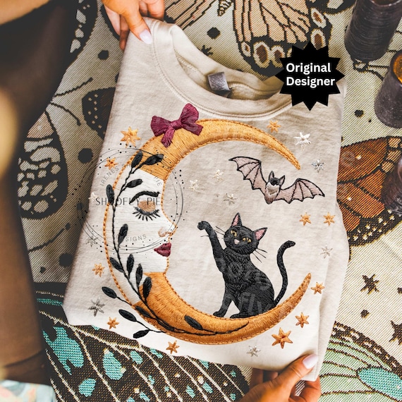 Faux Embroidery Halloween Png, Preppy Crescent Moon Shirt PNG, Spooky Season Design, Fall Vibes Sublimation, Boho Floral Halloween Design